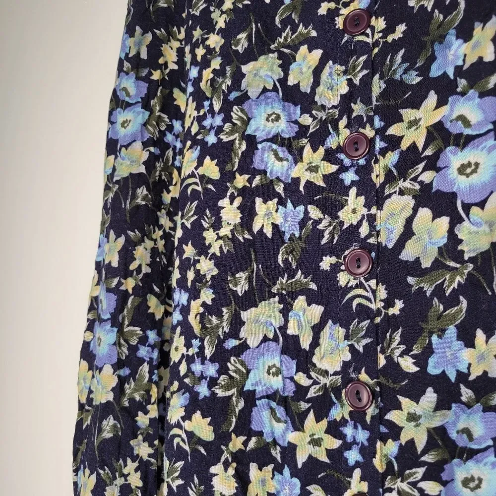 Vintage Ship'n Shore Floral Blue A-line Midi Skirt Buttons M